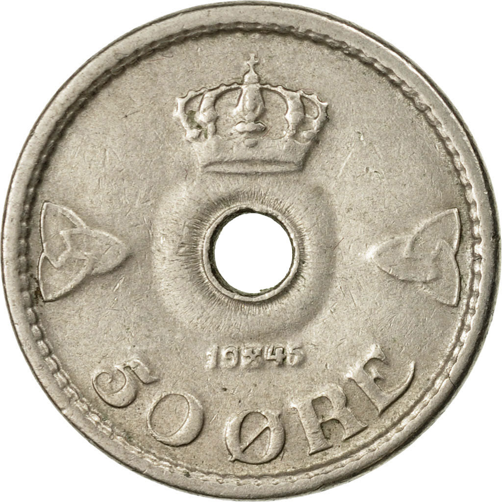 Coin, Norway, Haakon VII, 50 Öre, 1945, EF(40-45), Copper-nickel, KM:386