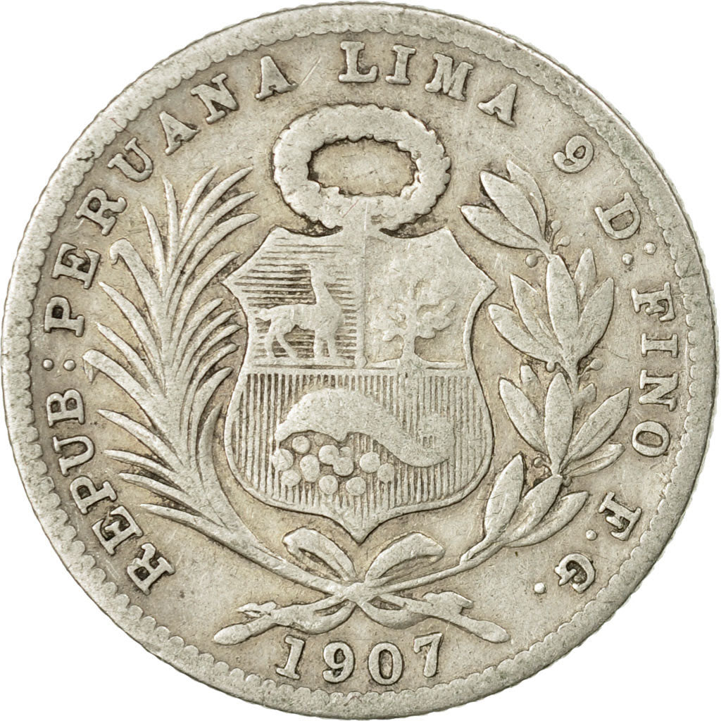 Coin, Peru, 1/5 Sol, 1907, Lima, EF(40-45), Silver, KM:205.2