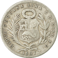 Coin, Peru, 1/5 Sol, 1907, Lima, EF(40-45), Silver, KM:205.2