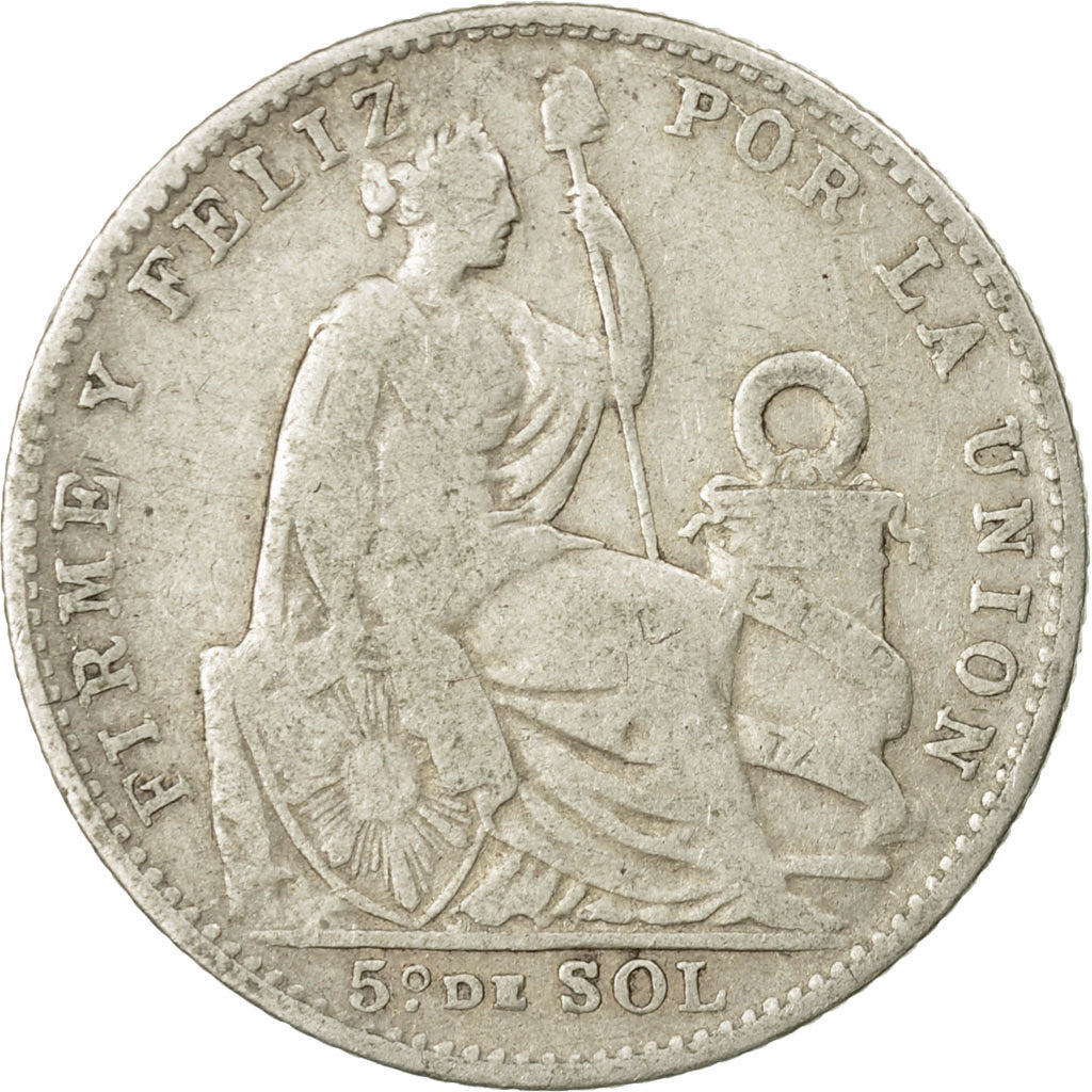 Coin, Peru, 1/5 Sol, 1907, Lima, EF(40-45), Silver, KM:205.2
