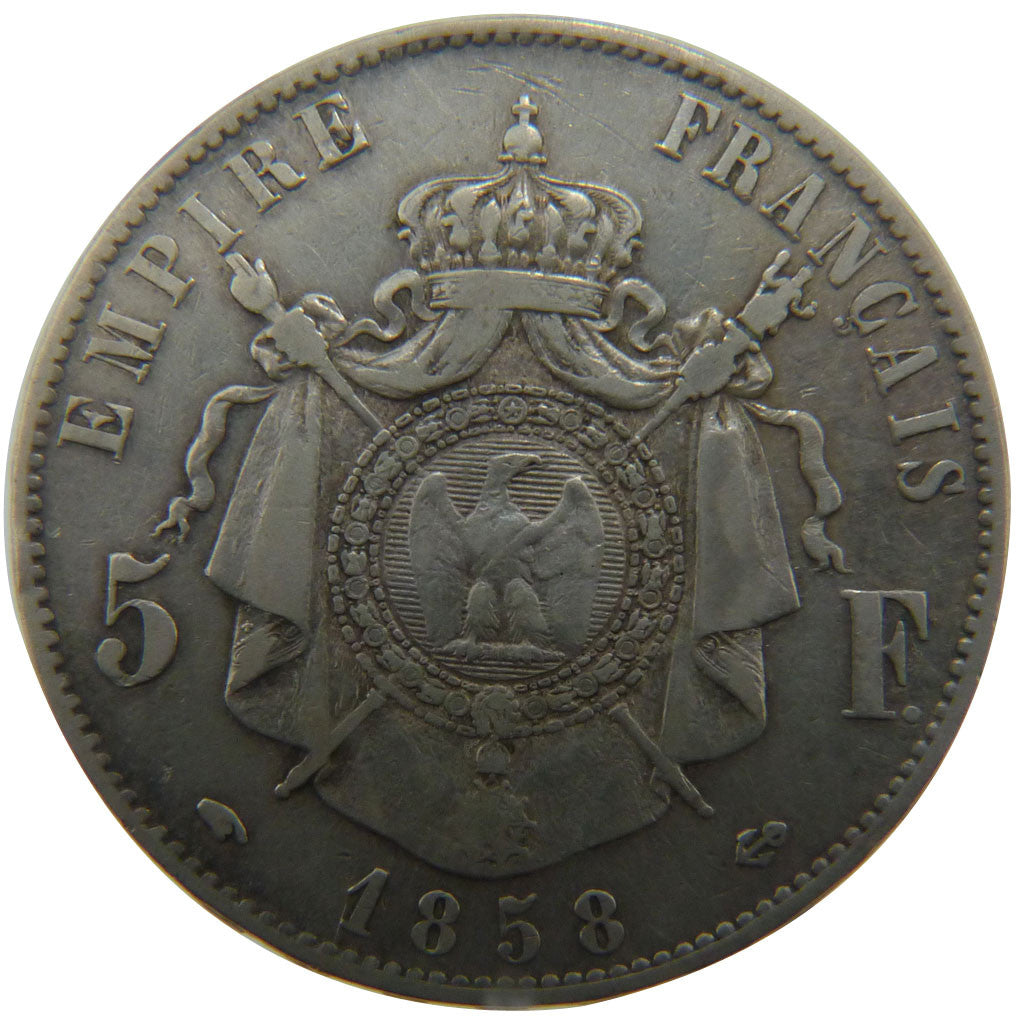 FRANCE, Napoléon III, 5 Francs, 1858, Paris, KM #782.1, VF(30-35), Silver, G...