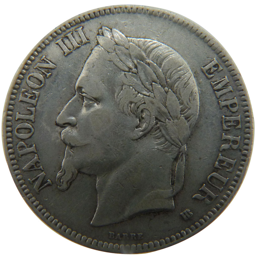 FRANCE, Napoléon III, 5 Francs, 1865, Strasbourg, KM #799.2, EF(40-45), Silver,