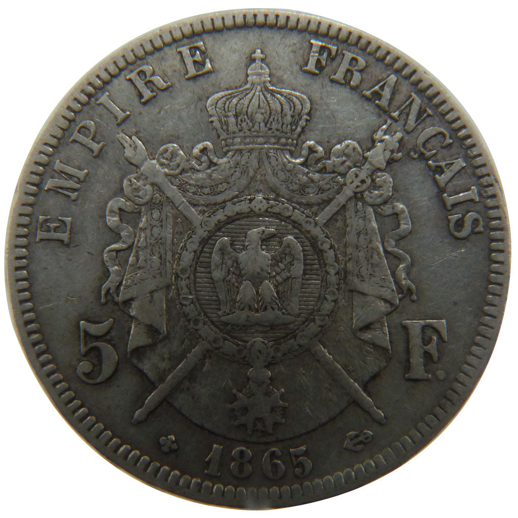 FRANCE, Napoléon III, 5 Francs, 1865, Strasbourg, KM #799.2, EF(40-45), Silver,