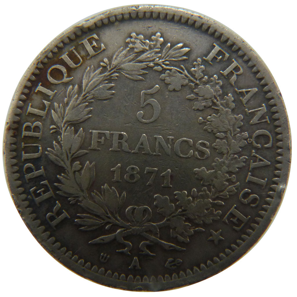 FRANCE, Hercule, 5 Francs, 1871, Paris, VF(30-35), Silver, Gadoury #744, 24.80
