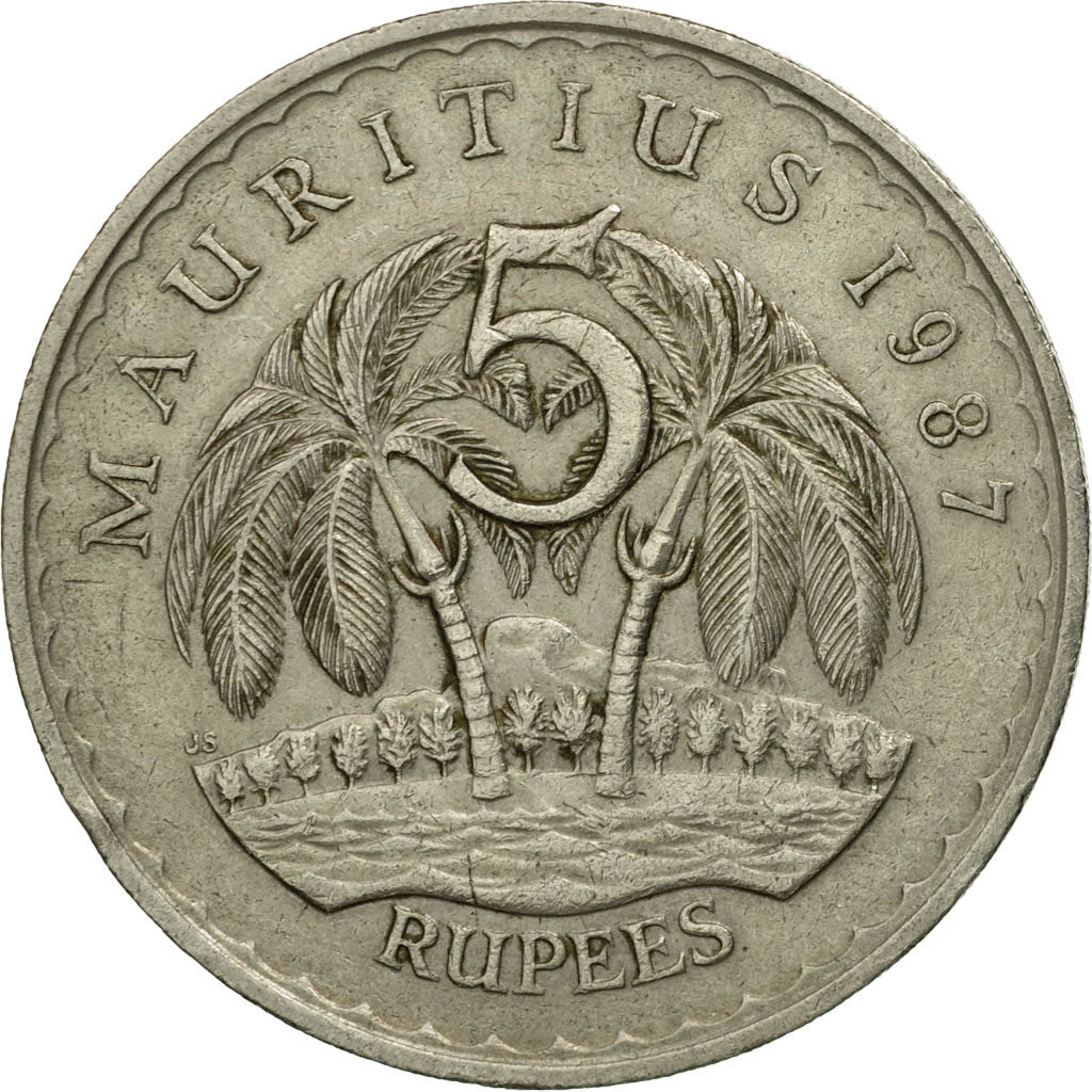 Coin, Mauritius, 5 Rupees, 1987, VF(30-35), Copper-nickel, KM:56