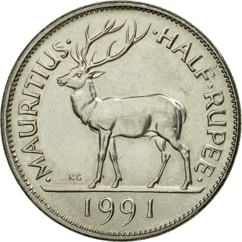 Coin, Mauritius, 1/2 Rupee, 1991, MS(60-62), Nickel plated steel, KM:54