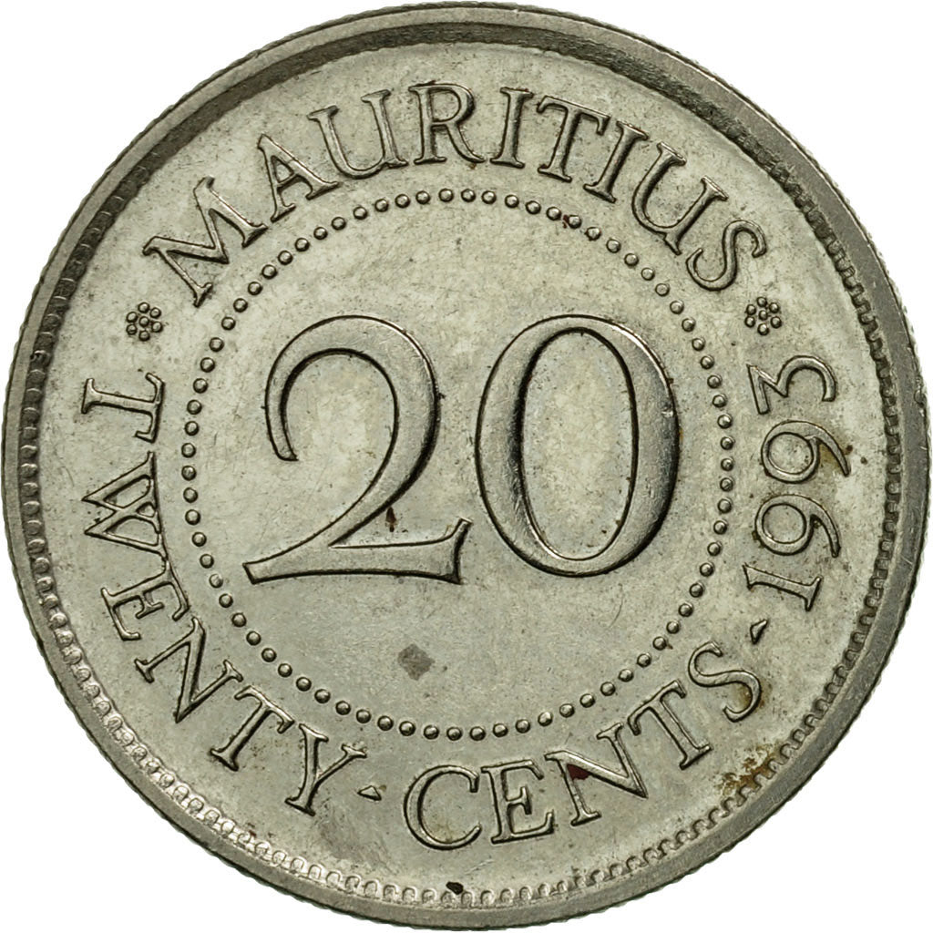 Monnaie, Mauritius, 20 Cents, 1993, TTB, Nickel plated steel, KM:53
