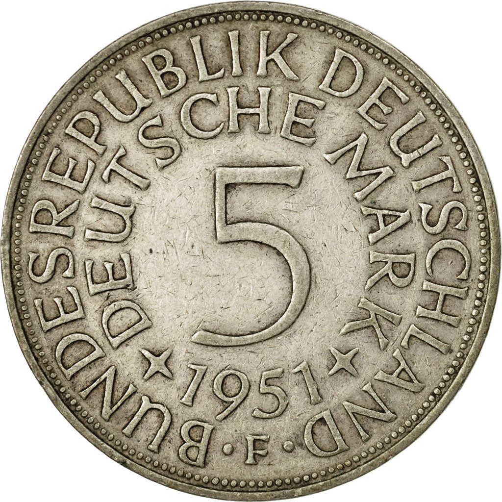 Coin, GERMANY - FEDERAL REPUBLIC, 5 Mark, 1951, Stuttgart, EF(40-45), Silver