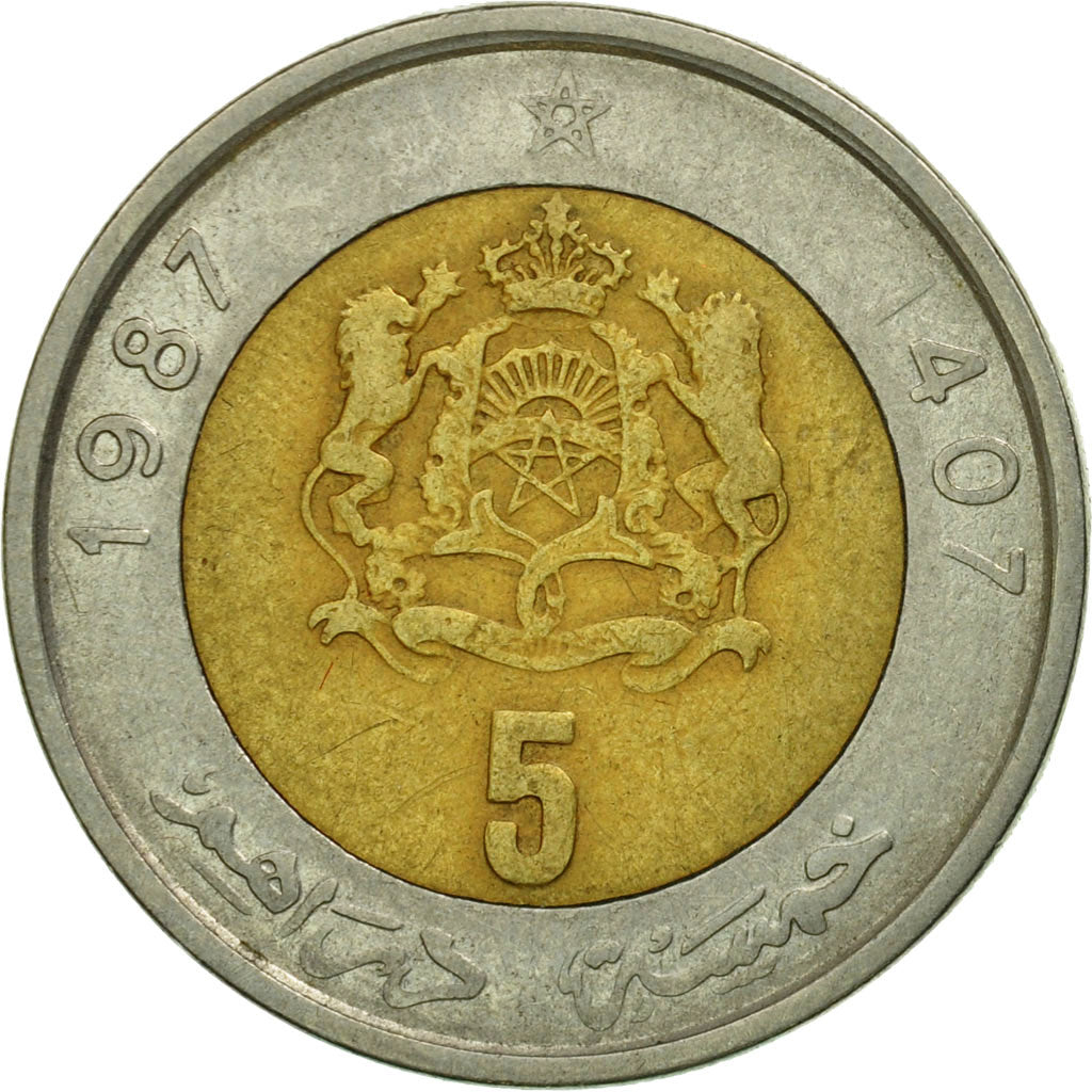 Coin, Morocco, al-Hassan II, 5 Dirhams, 1987/AH1407, Paris, VF(20-25)