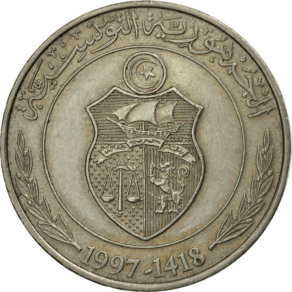 Moneta, Tunisia, Dinar, 1997/AH1418, Paris, BB, Rame-nichel, KM:347