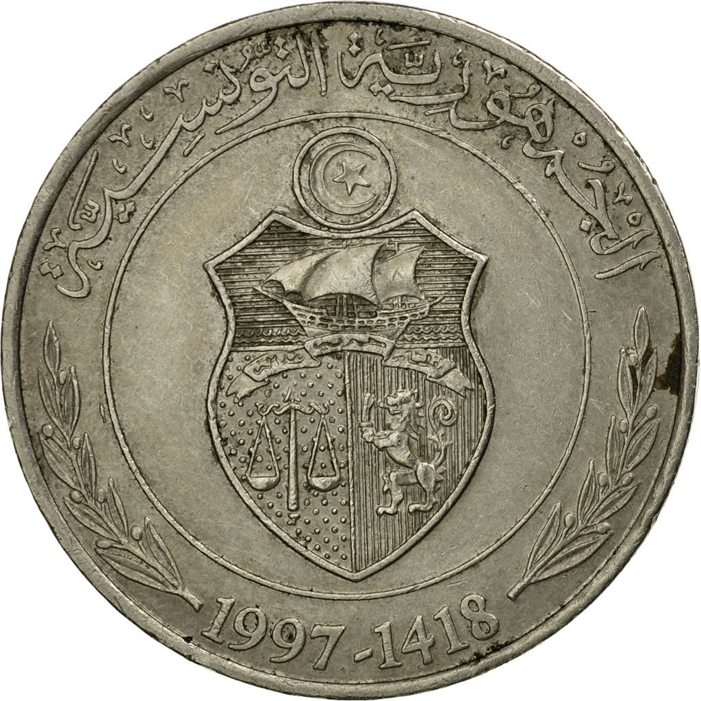 Moneda, Túnez, Dinar, 1997/AH1418, Paris, BC+, Cobre - níquel, KM:347