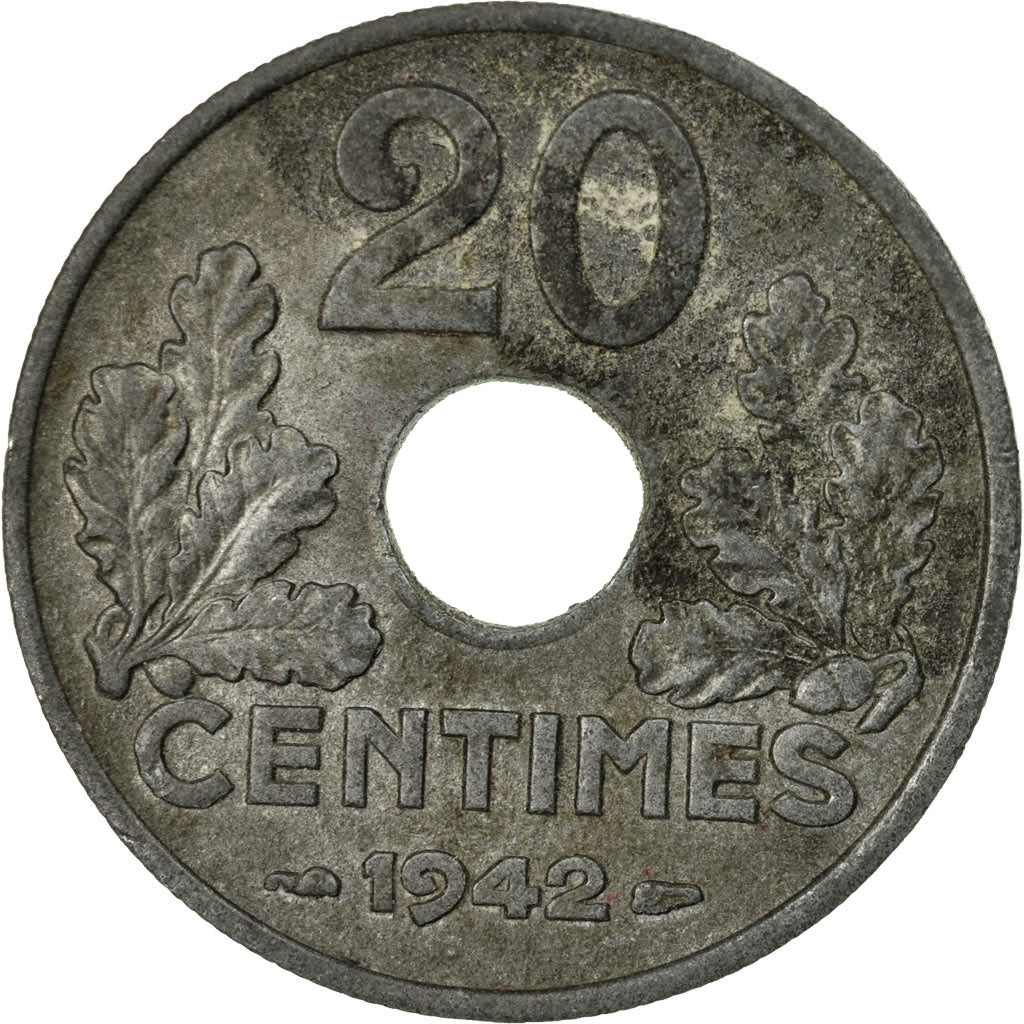 Moneta, Francia, État français, 20 Centimes, 1942, Paris, MB+, Zinco