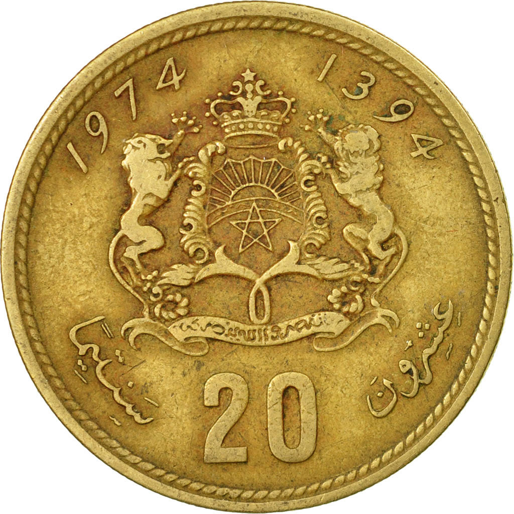 Moneta, Maroko, al-Hassan II, 20 Santimat, 1974/AH1394, Paris, VF(30-35)