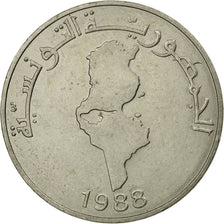 Coin, Tunisia, Dinar, 1988, Paris, EF(40-45), Copper-nickel, KM:319