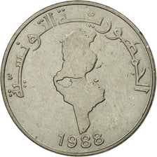Coin, Tunisia, 1/2 Dinar, 1988, Paris, EF(40-45), Copper-nickel, KM:318