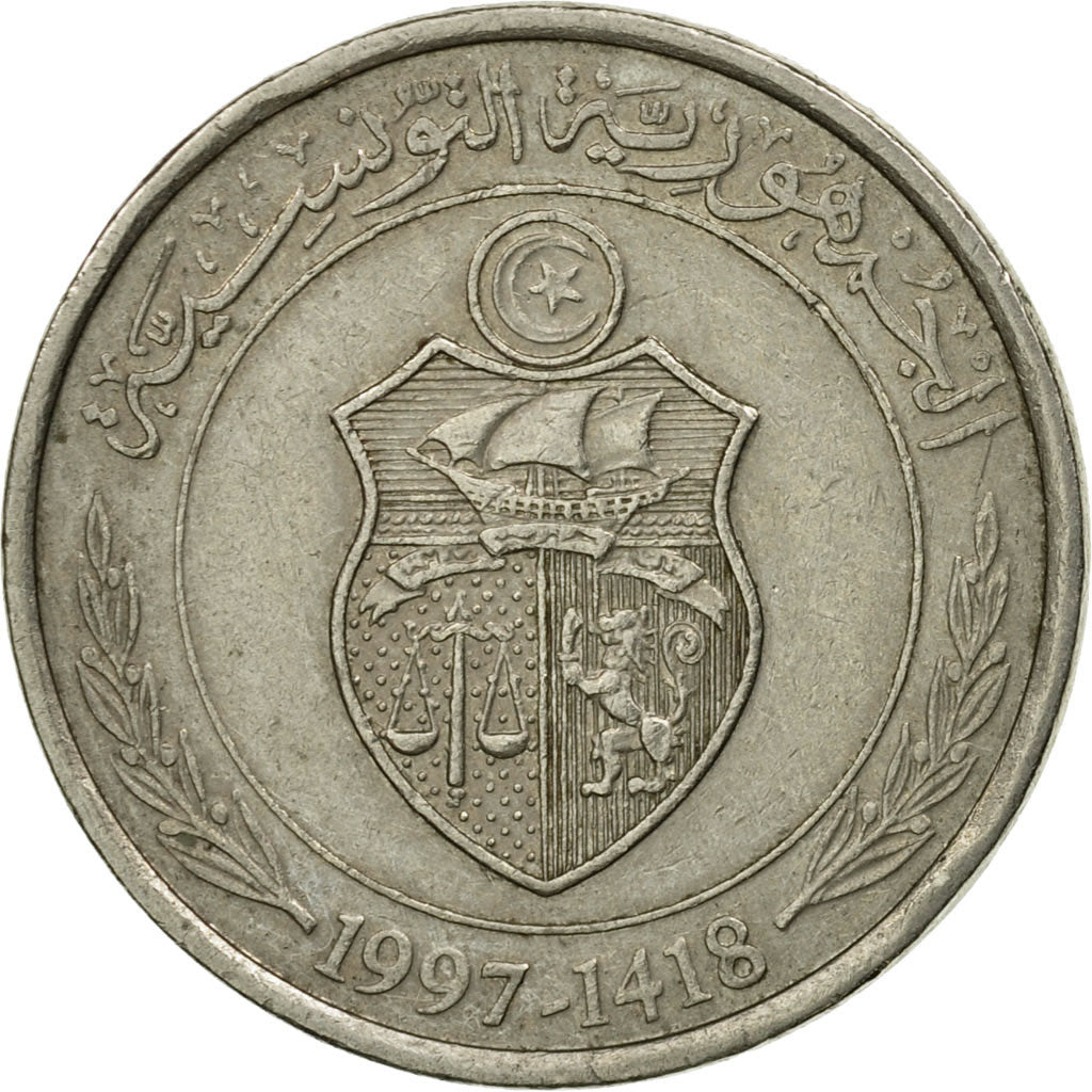 Monnaie, Tunisie, 1/2 Dinar, 1997/AH1418, Paris, TTB, Copper-nickel, KM:346