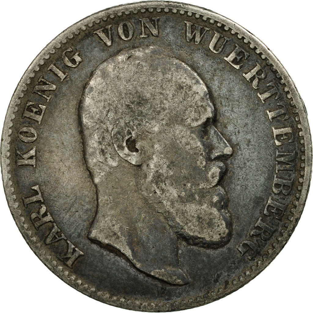 Coin, German States, WURTTEMBERG, Karl I, 2 Mark, 1876, Freudenstadt, VF(20-25)