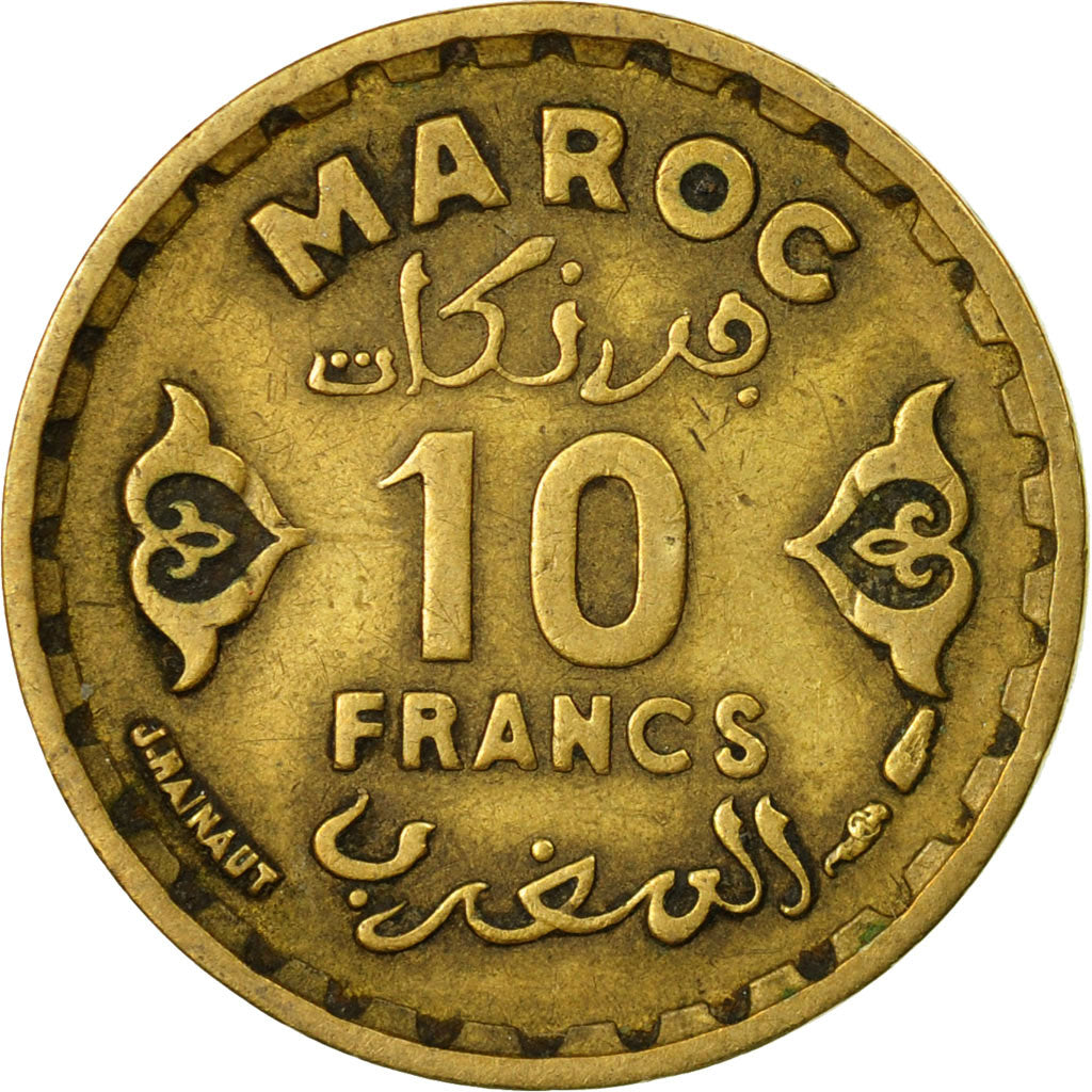 Moneda, Marruecos, Mohammed V, 10 Francs, AH 1371/1952, Paris, BC+, Aluminio -