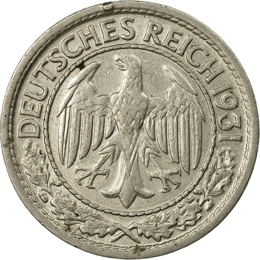 Coin, GERMANY, WEIMAR REPUBLIC, 50 Reichspfennig, 1931, Stuttgart, EF(40-45)