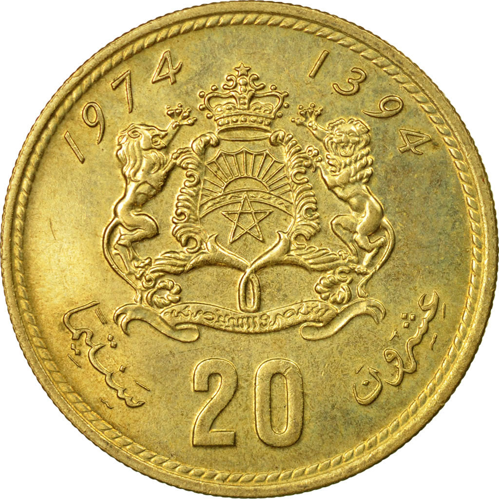 Coin, Morocco, al-Hassan II, 20 Santimat, 1974/AH1394, Paris, AU(55-58)