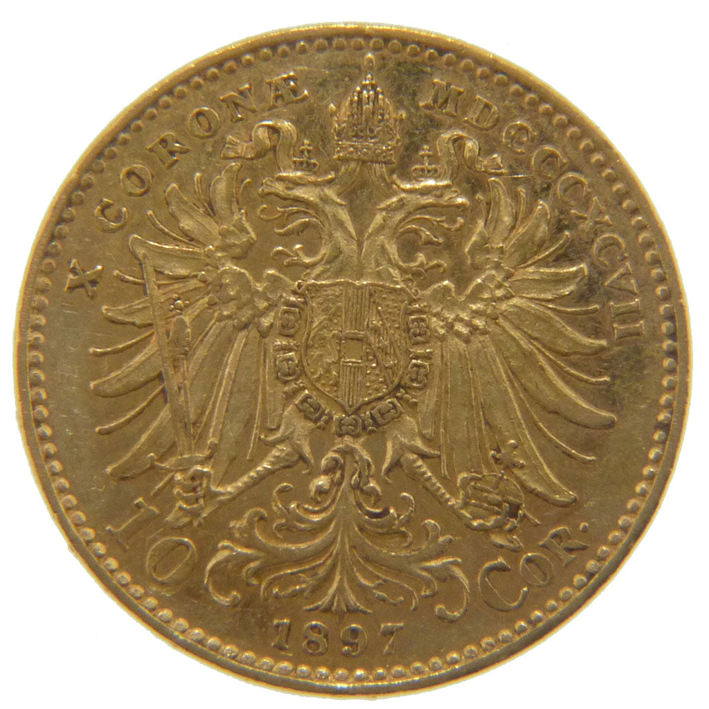 Austria, 10 Couronnes, 1897, KM #2805, AU(55-58), Gold, 19, 3.40