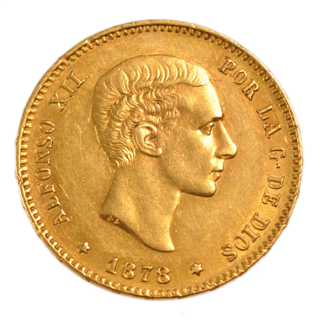 Spain, 25 Pesetas, 1878, Madrid, KM #Y 78, AU(50-53), Gold, 8.10
