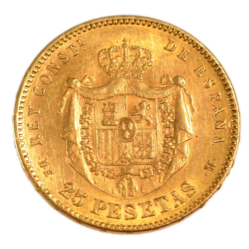 Spain, 25 Pesetas, 1878, Madrid, KM #Y 78, AU(50-53), Gold, 8.10