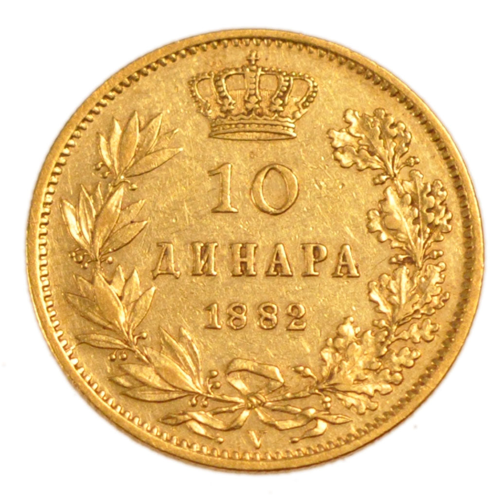 SERBIA, 10 Dinara, 1882, KM #16, EF(40-45), Gold, 3.20