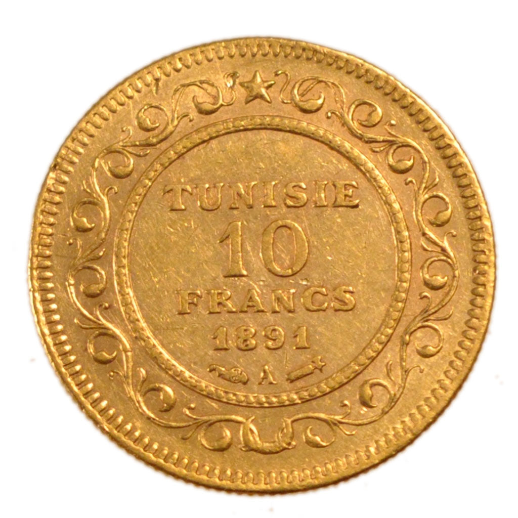 Tunisia, 10 Francs, 1891, Paris, AU(55-58), Gold, 3.20