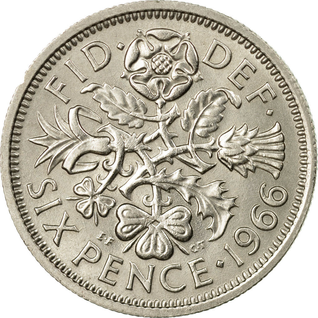 Coin, Great Britain, Elizabeth II, 6 Pence, 1966, AU(55-58), Copper-nickel