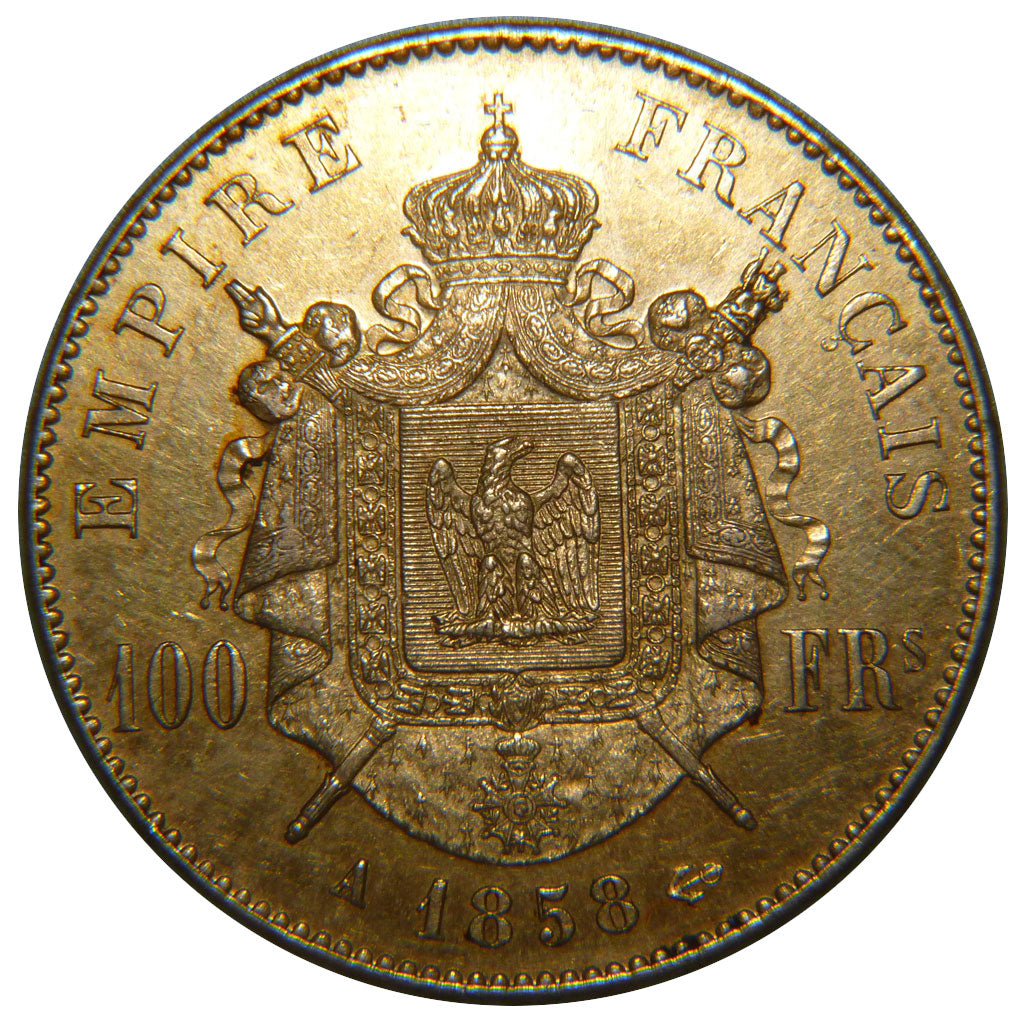 FRANCE, Napoléon III, 100 Francs, 1858, Paris, KM #786.1, AU(55-58), Gold, G...