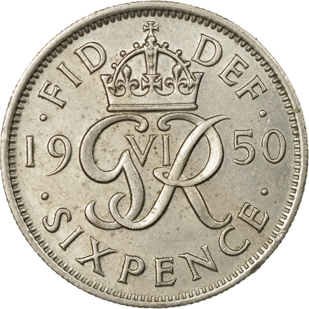 Coin, Great Britain, George VI, 6 Pence, 1950, AU(55-58), Copper-nickel, KM:875