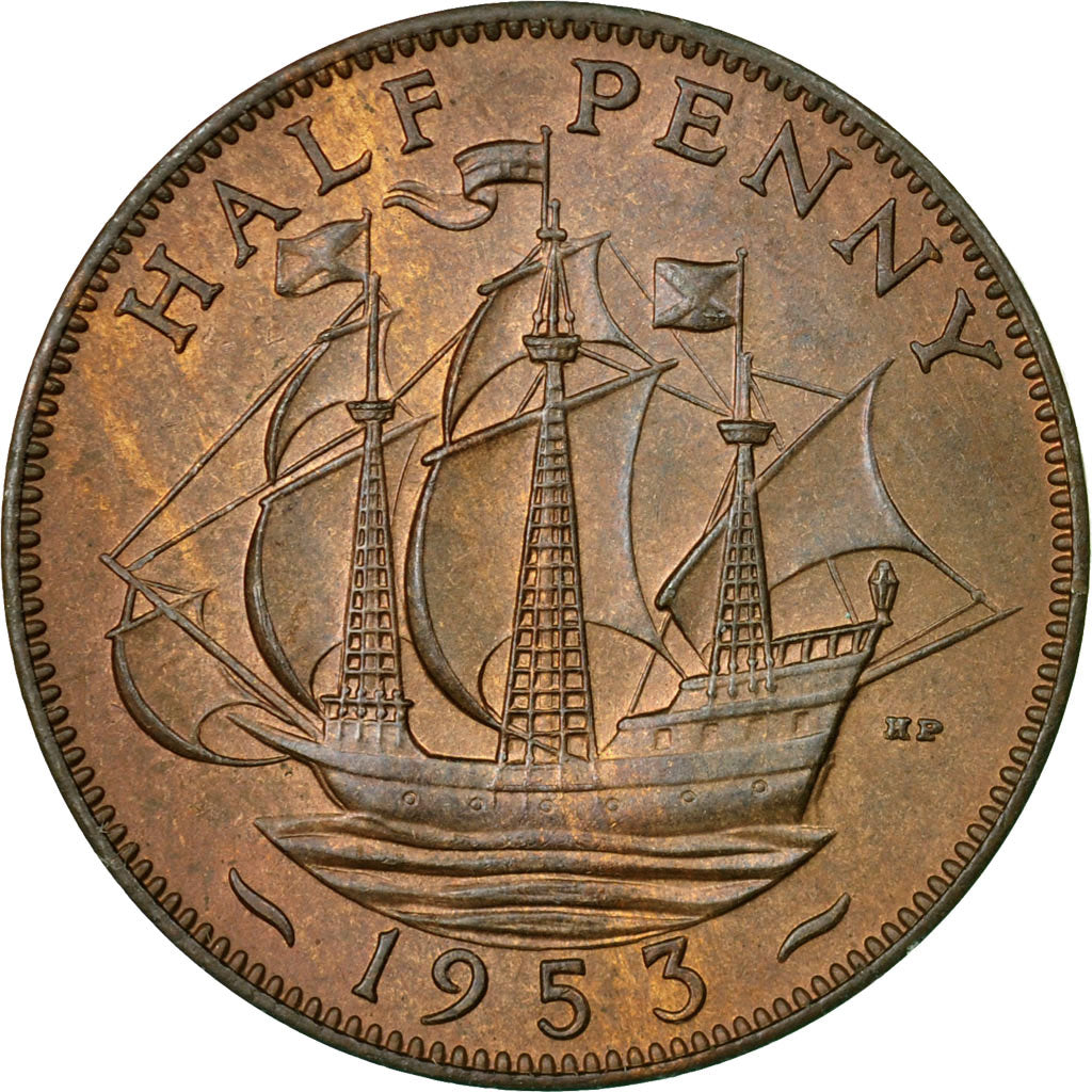 Coin, Great Britain, Elizabeth II, 1/2 Penny, 1953, EF(40-45), Bronze, KM:882