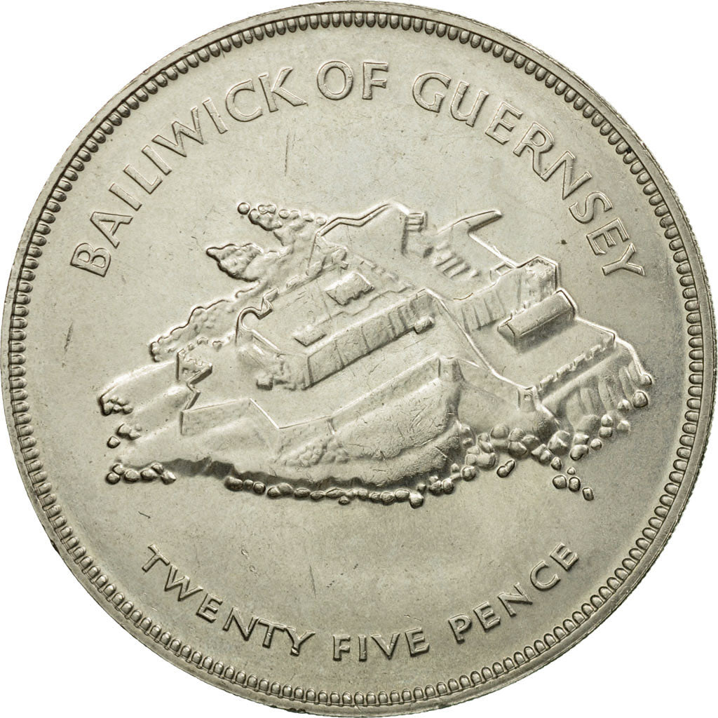 Coin, Guernsey, Elizabeth II, 25 Pence, 1977, Heaton, AU(55-58), Copper-nickel
