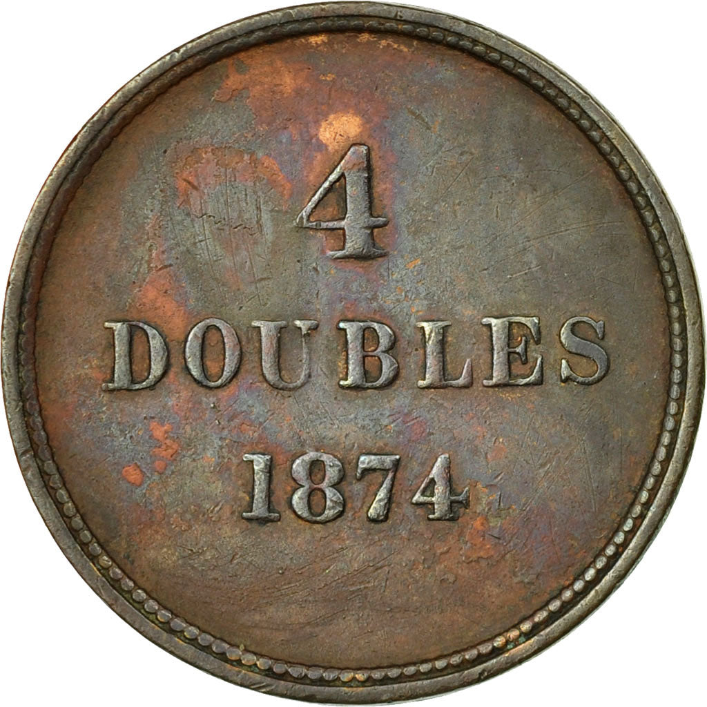 Coin, Guernsey, 4 Doubles, 1874, Heaton, Birmingham, EF(40-45), Bronze, KM:5