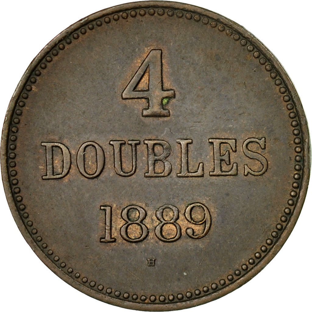 Coin, Guernsey, 4 Doubles, 1889, Heaton, Birmingham, EF(40-45), Bronze, KM:5