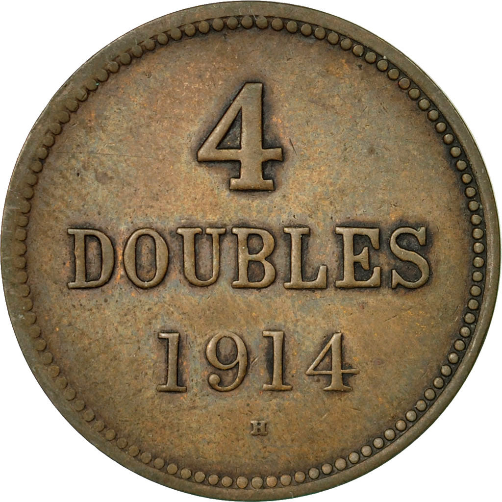 Coin, Guernsey, 4 Doubles, 1914, Heaton, EF(40-45), Bronze, KM:13