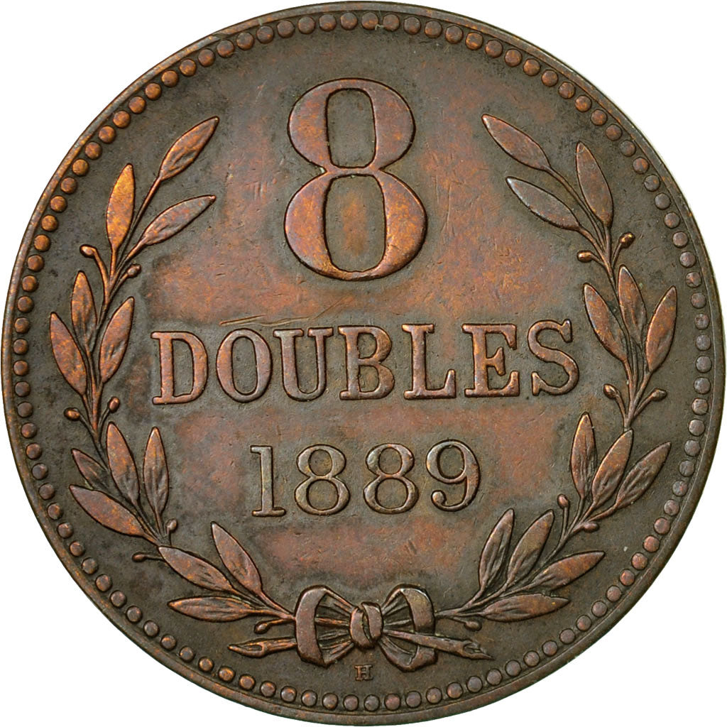 Coin, Guernsey, 8 Doubles, 1889, Heaton, Birmingham, EF(40-45), Bronze, KM:7