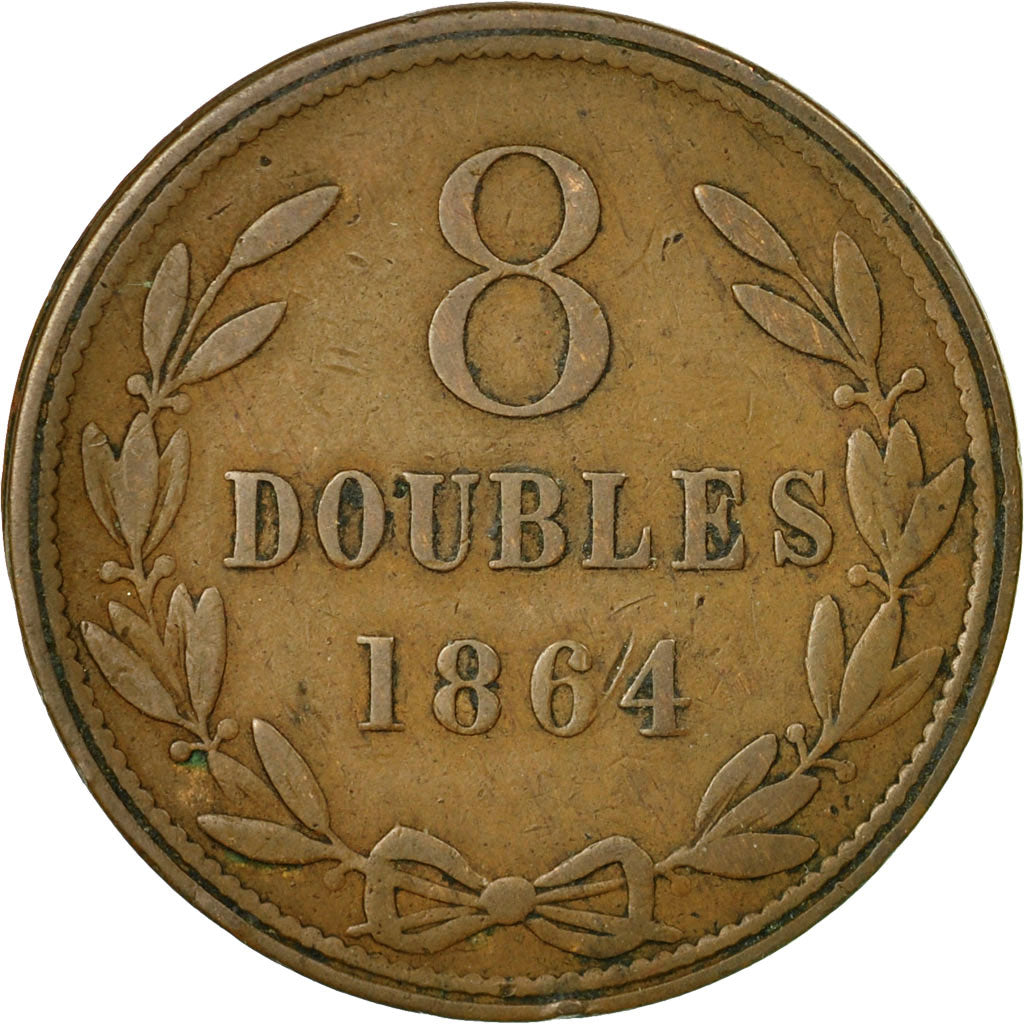 Munten, Guernsey, 8 Doubles, 1864, Heaton, Birmingham, FR+, Bronze, KM:7