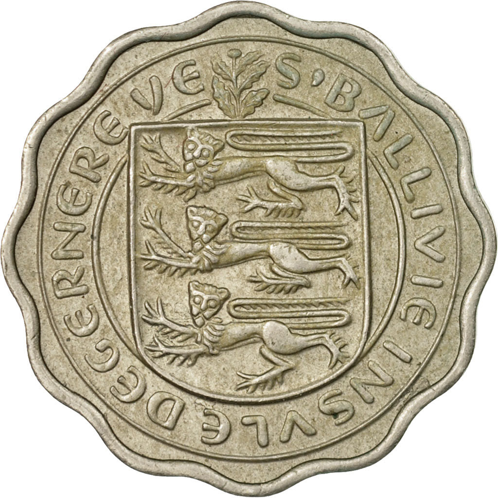 Moneda, Guernsey, Elizabeth II, 3 Pence, 1956, Heaton, MBC, Cobre - níquel