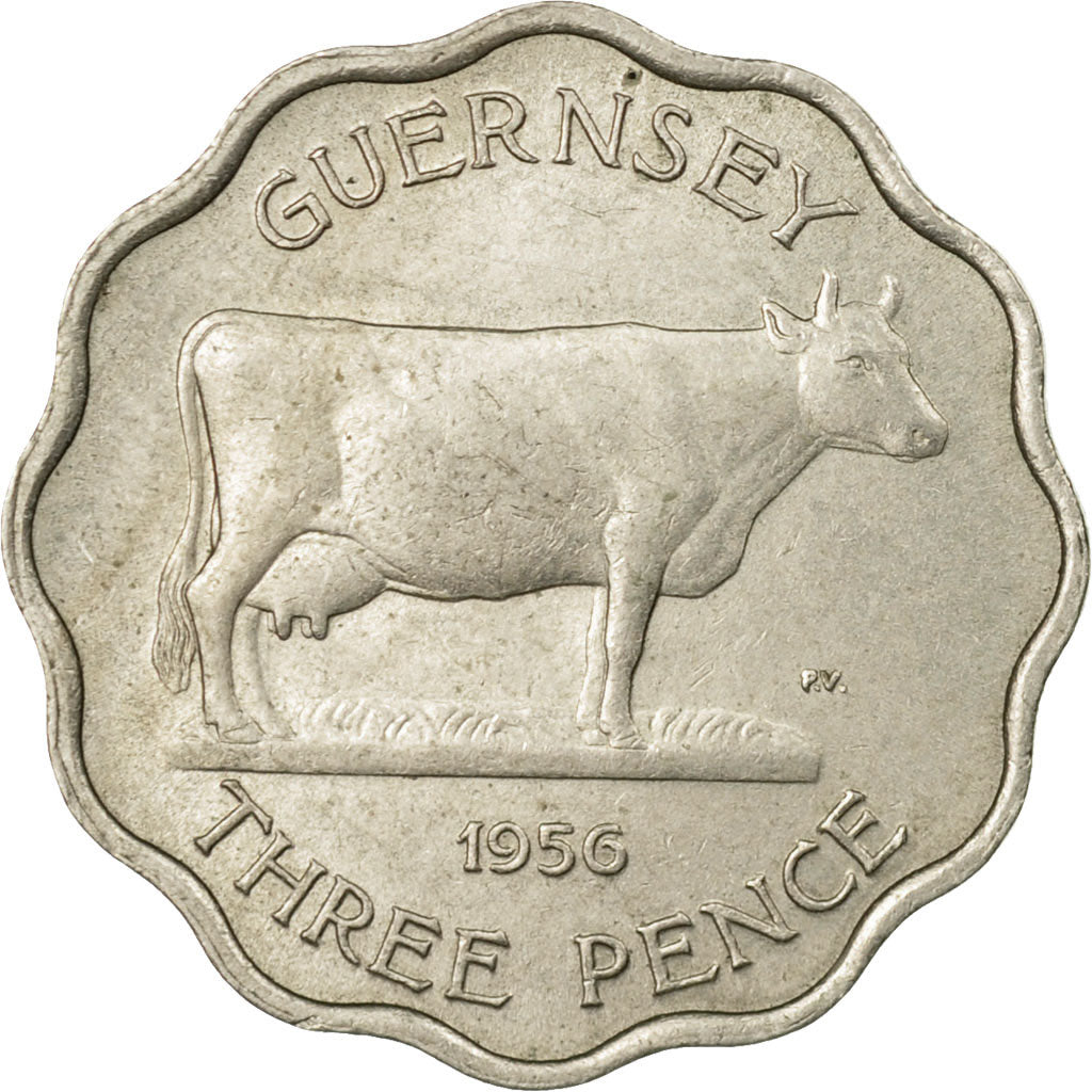 Moneda, Guernsey, Elizabeth II, 3 Pence, 1956, Heaton, MBC, Cobre - níquel