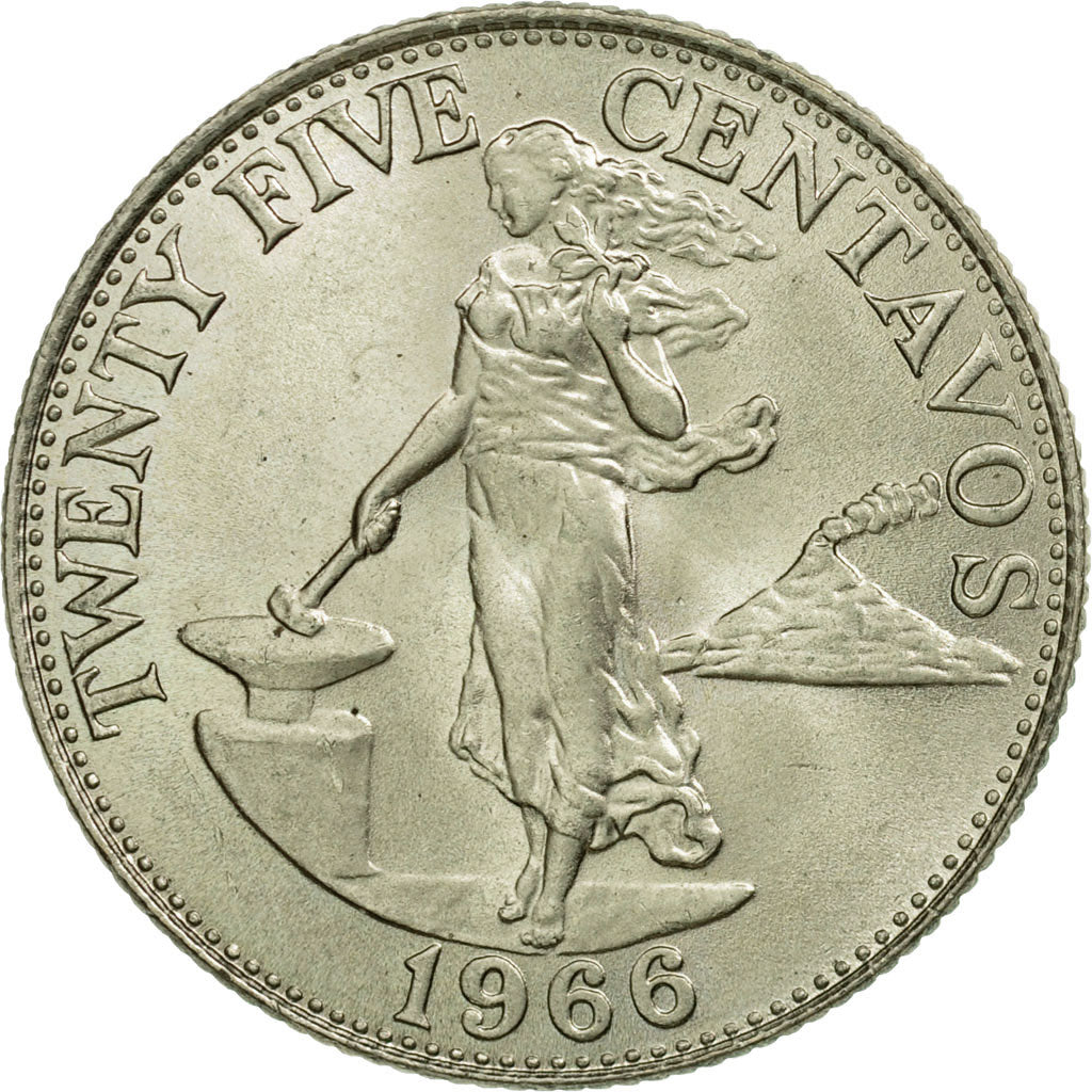 Coin, Philippines, 25 Centavos, 1966, AU(55-58), Copper-Nickel-Zinc, KM:189.1