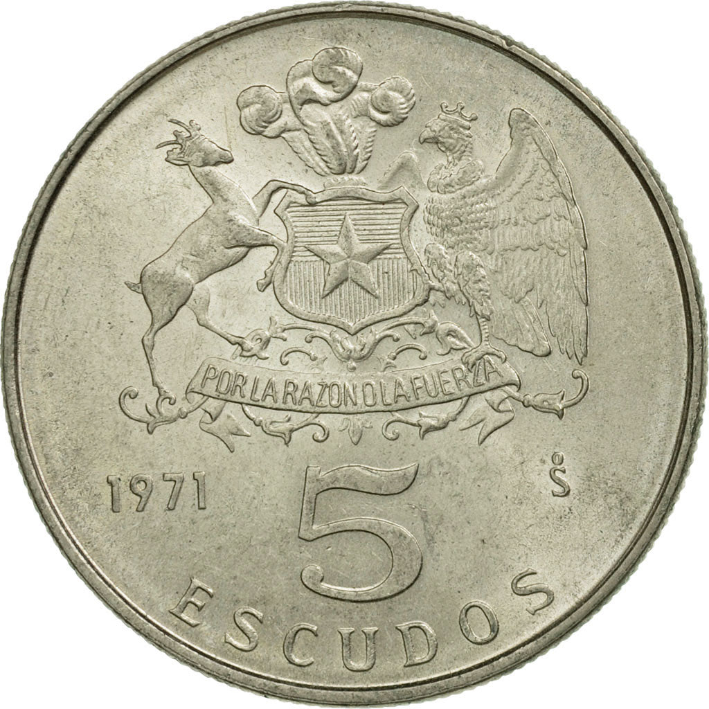 Moneda, Chile, 5 Escudos, 1971, MBC, Cobre - níquel, KM:199