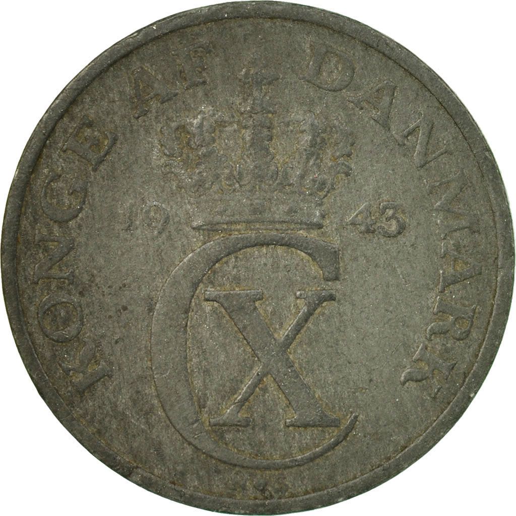 Moneda, Dinamarca, Christian X, 2 Öre, 1943, Copenhagen, MBC, Cinc, KM:833a