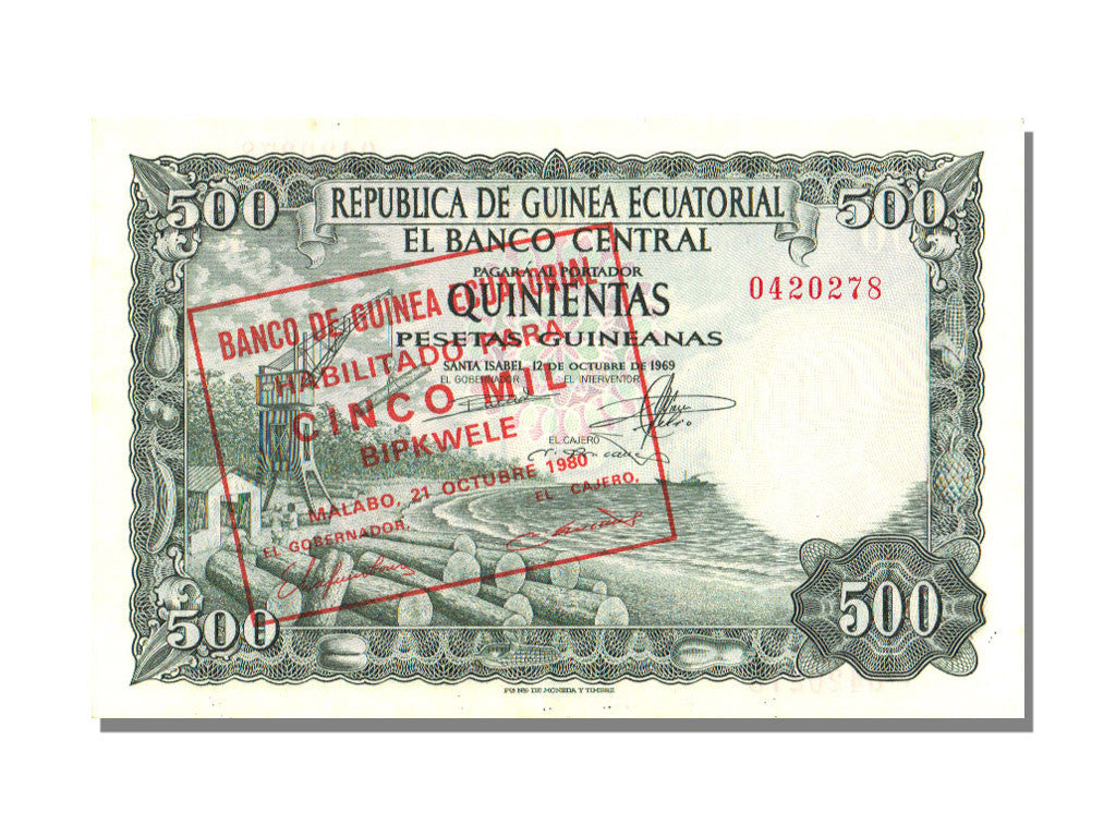 Equatorial Guinea, 5000 Bipkwele on 500 Pesetas, 1980, KM #19, 1980-10-21,...