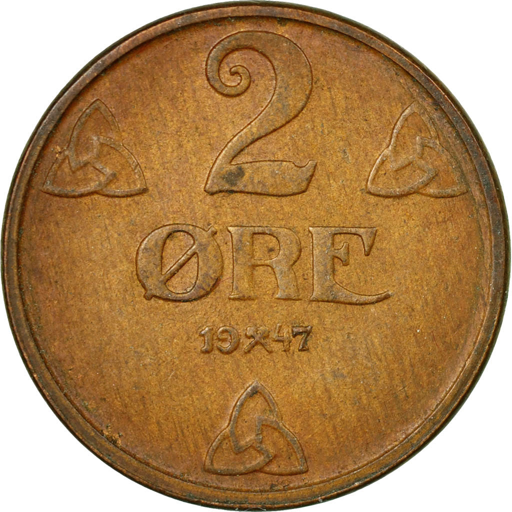 Coin, Norway, Haakon VII, 2 Öre, 1947, EF(40-45), Bronze, KM:371