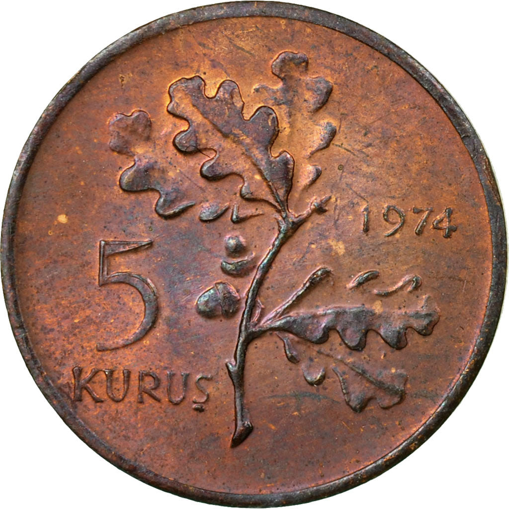 Coin, Turkey, 5 Kurus, 1974, EF(40-45), Bronze, KM:890.3
