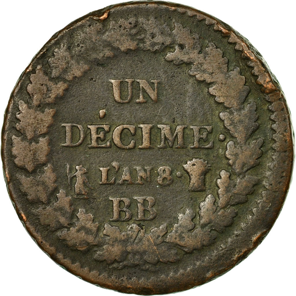 Coin, France, Dupré, Decime, AN 8, Strasbourg, VF(30-35), Bronze, KM:644.4