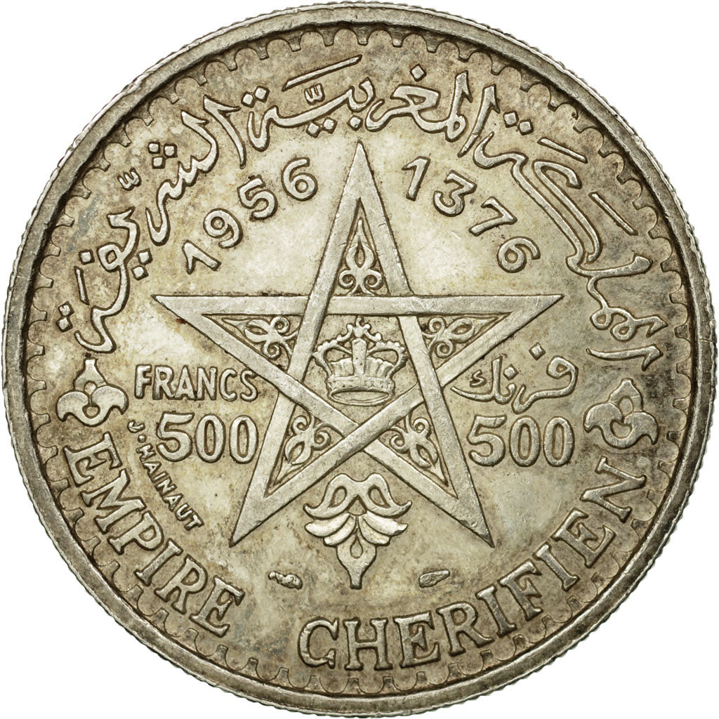 Coin, Morocco, Mohammed V, 500 Francs, 1956/AH1376, Paris, EF(40-45), Silver