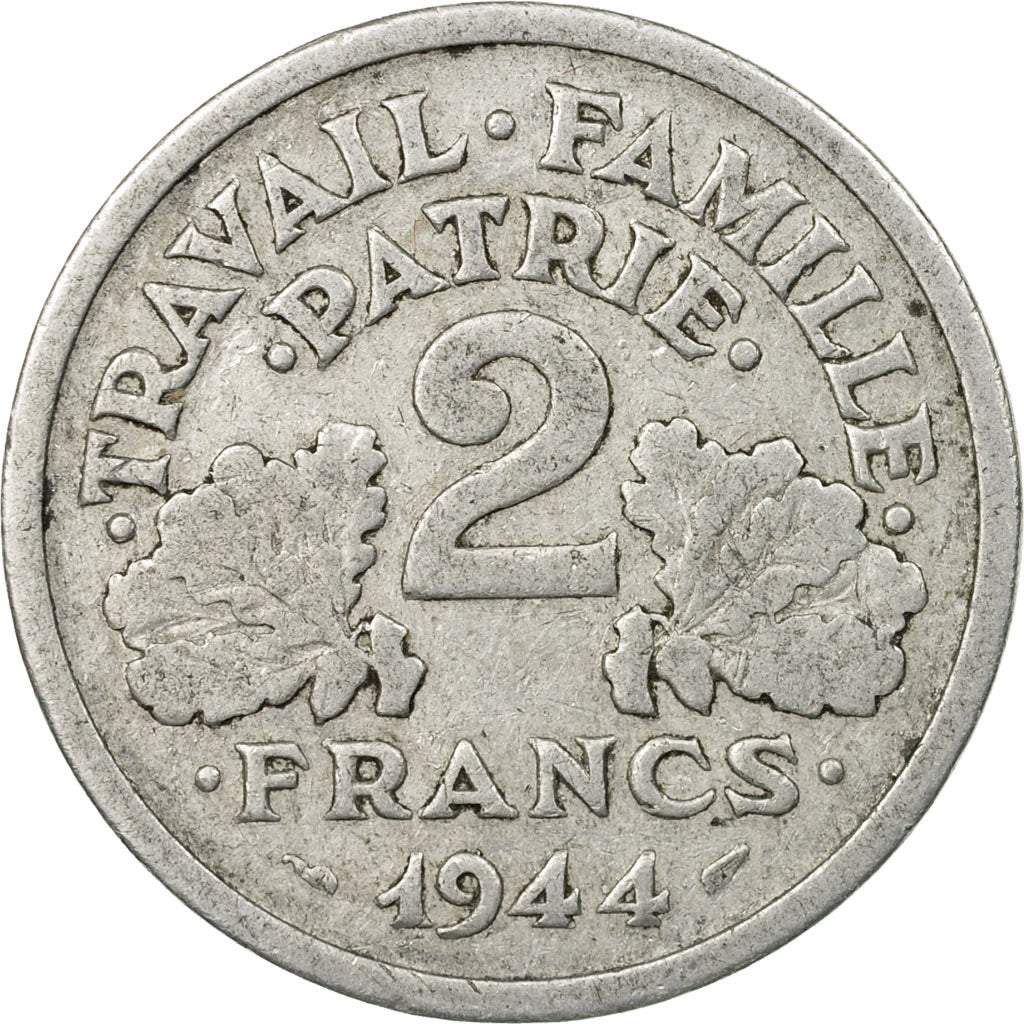 Moneda, Francia, Bazor, 2 Francs, 1944, Beaumont - Le Roger, BC+, Aluminio